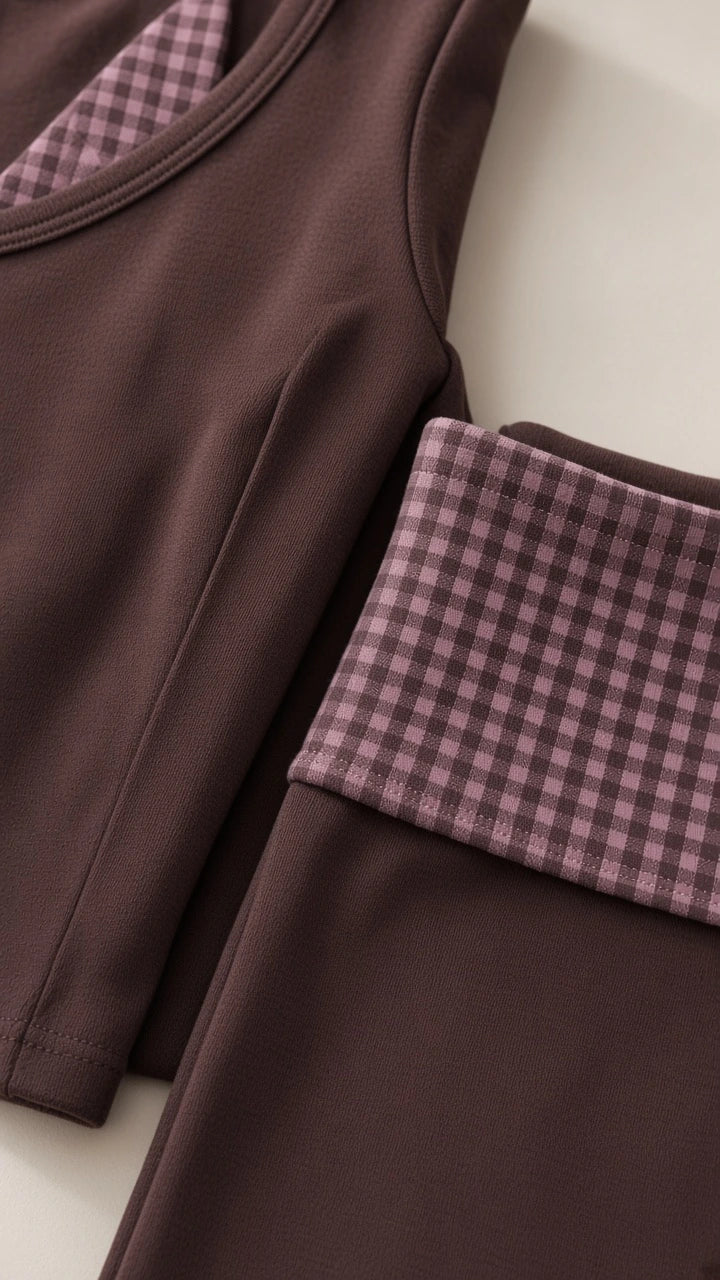 Close-up detail of brown knit fabric and contrast gingham check trim on neckline and waistband