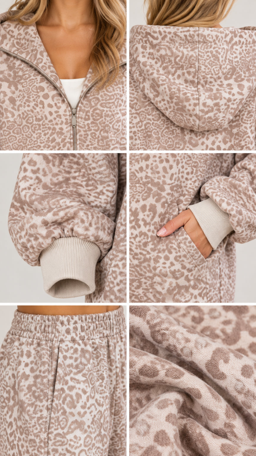 Close-up details of leopard print jacket zipper, hood, ribbed cuff, pocket, and fabric texture