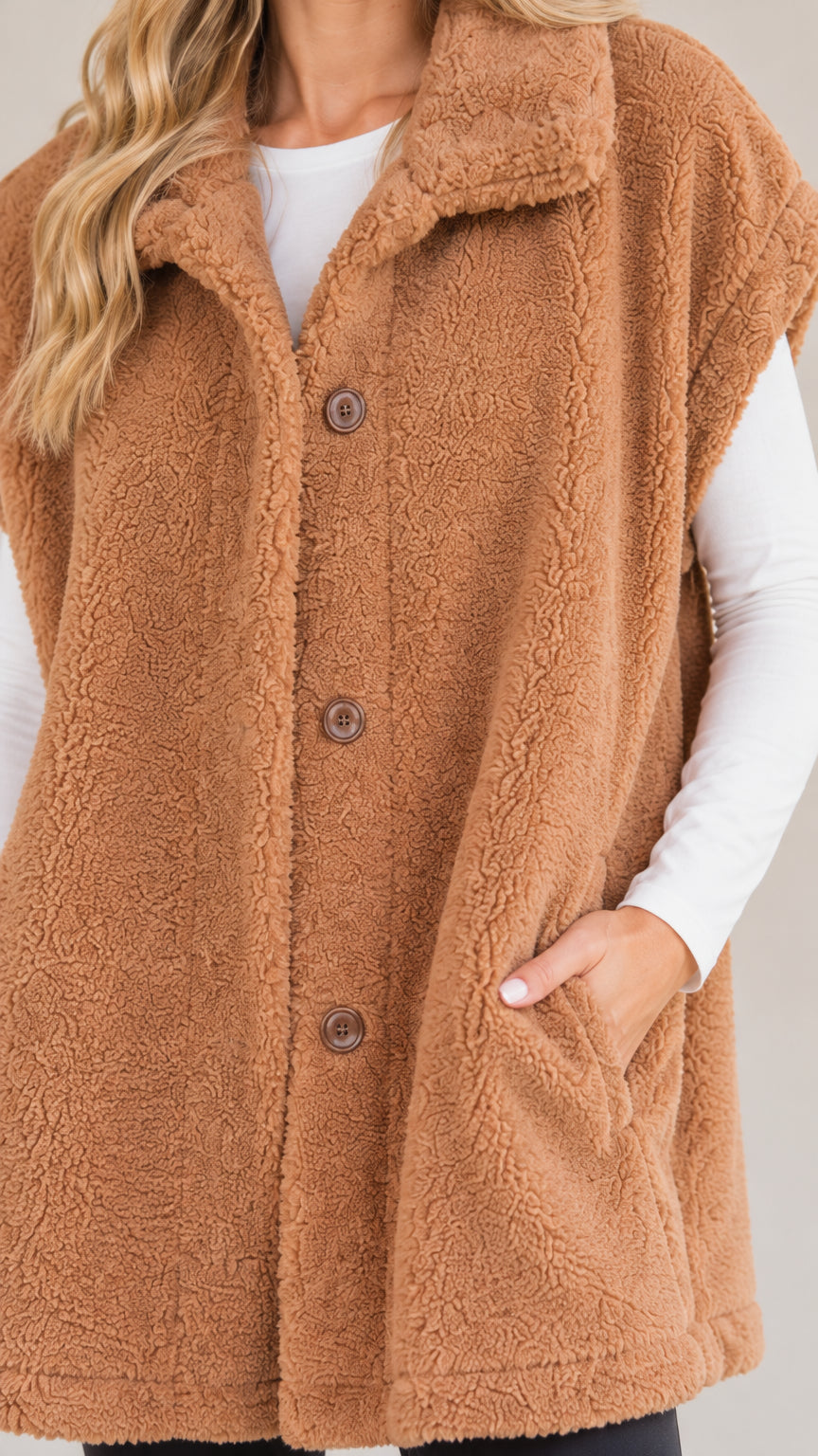 Close-up detail of camel fleece vest showing lapel collar, textured fabric, and front buttons