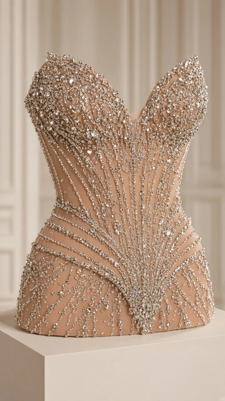 Close-up detail of champagne corset bodice with intricate rhinestone and crystal beading