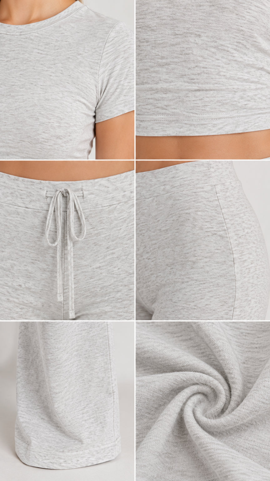 Close-up details of Light Gray neckline, cropped hem, drawstring waistband, and fabric texture