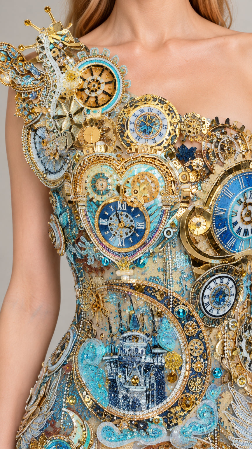 Close-up detail of ornate clock, castle, and heart beadwork on one-shoulder dress bodice