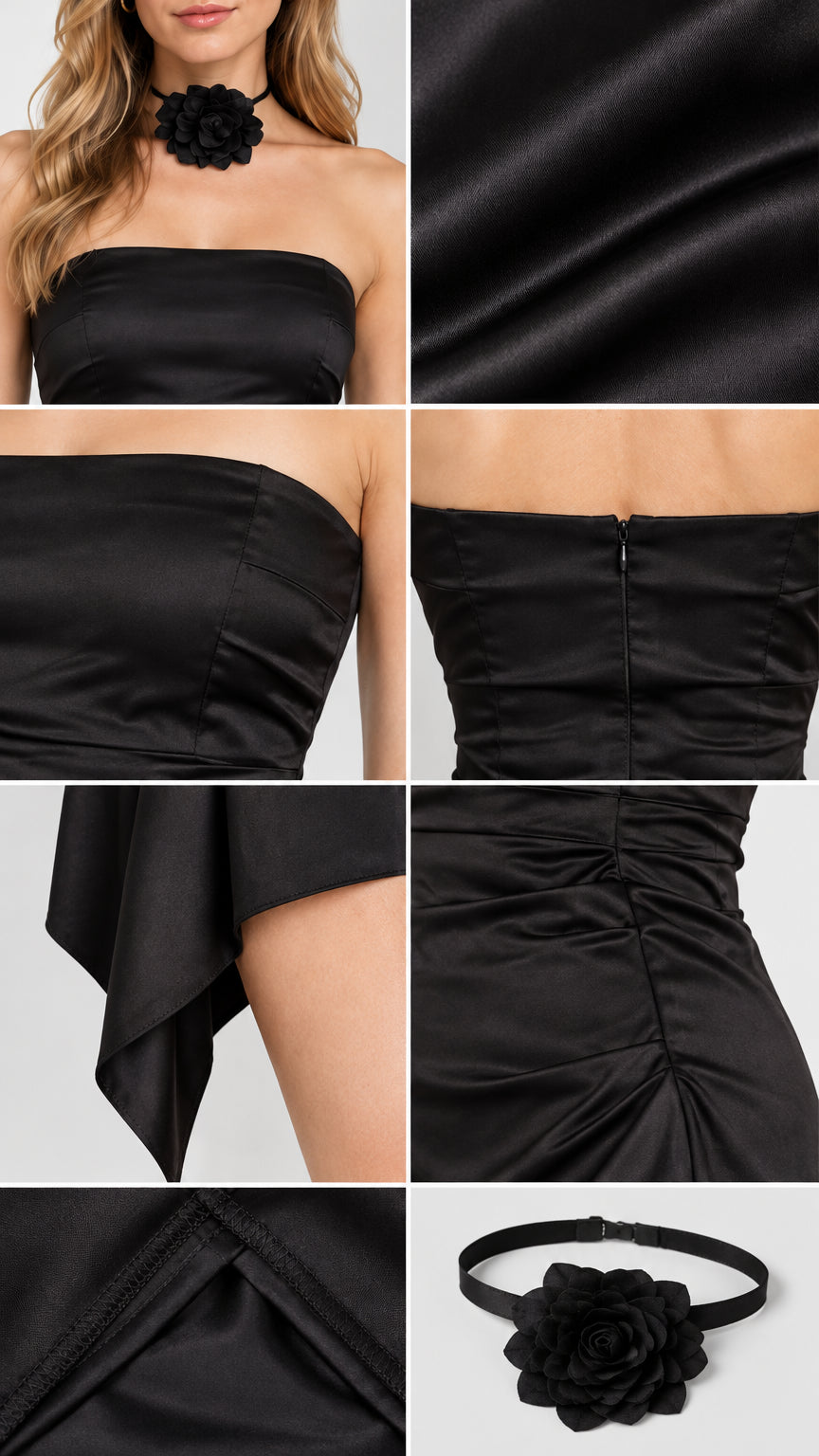 Detailed close-ups of black satin fabric, rosette neck choker, neckline, zipper, and hem drape