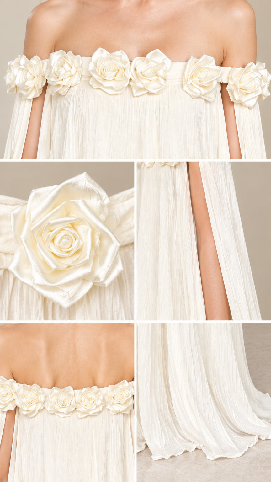 Close-up details of 3D rosette neckline, pleated fabric texture, and open cape sleeve