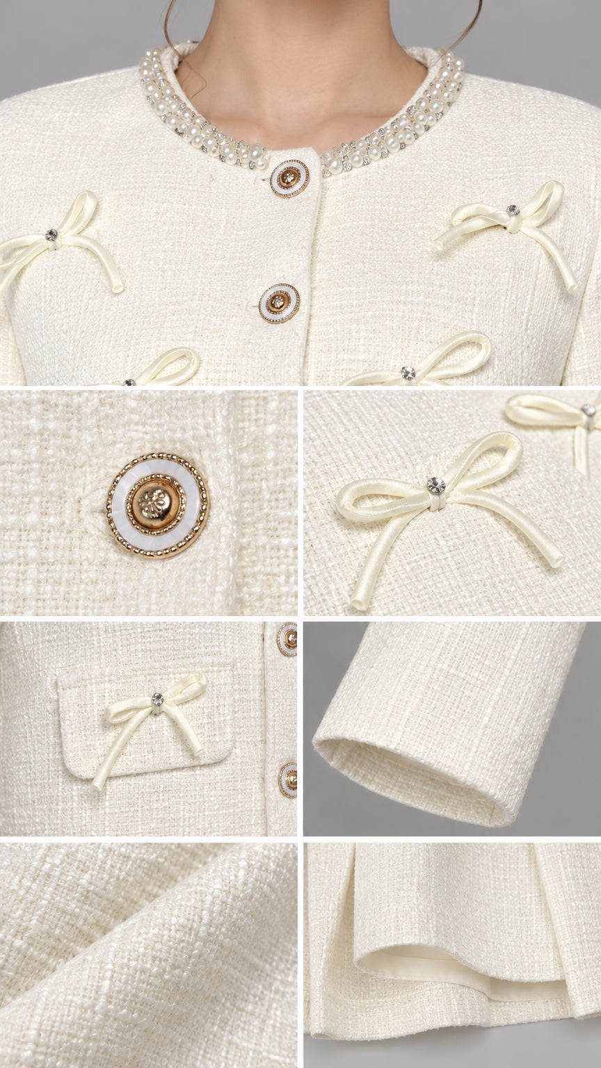Detailed close-up collage showing pearl neckline, bow appliques, ornate buttons, and tweed fabric texture