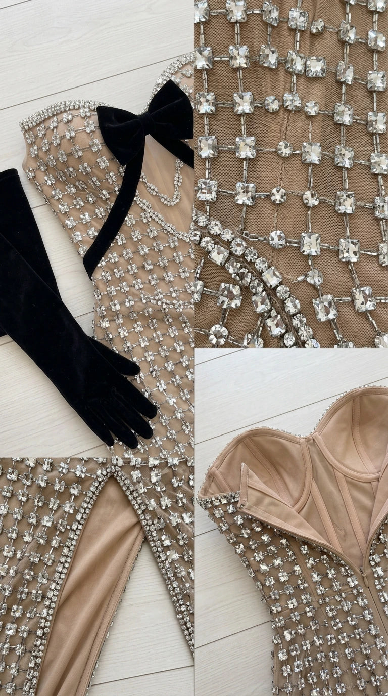Close-up flat lay details of crystal grid pattern, structured sweetheart neckline with bow, lining, and slit