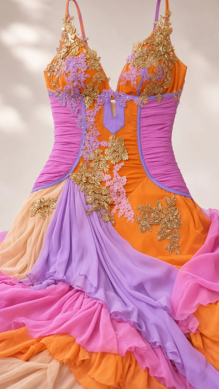 Close-up detail of the ruched bodice with orange, purple, and gold floral lace embroidery