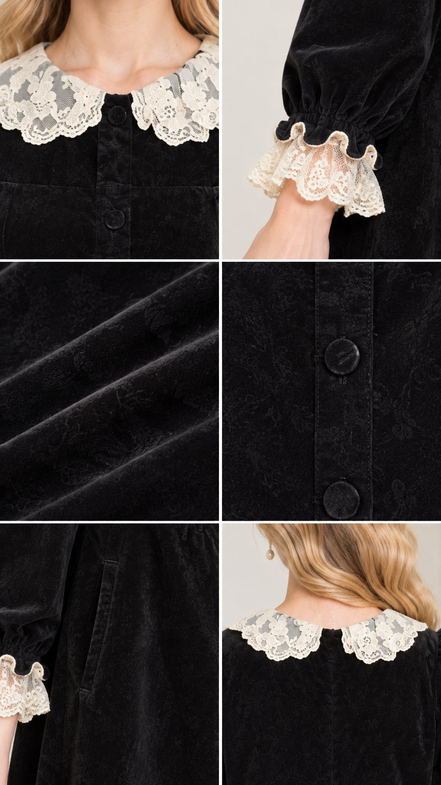 Close-up details of lace collar, ruffled lace cuffs, textured fabric, buttons, and pocket