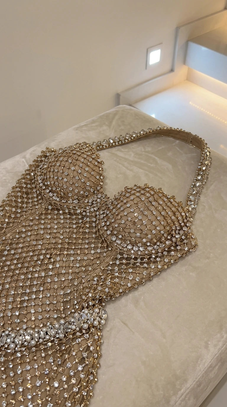Close up of rhinestone mesh fabric and sweetheart cup detailing on gold gown