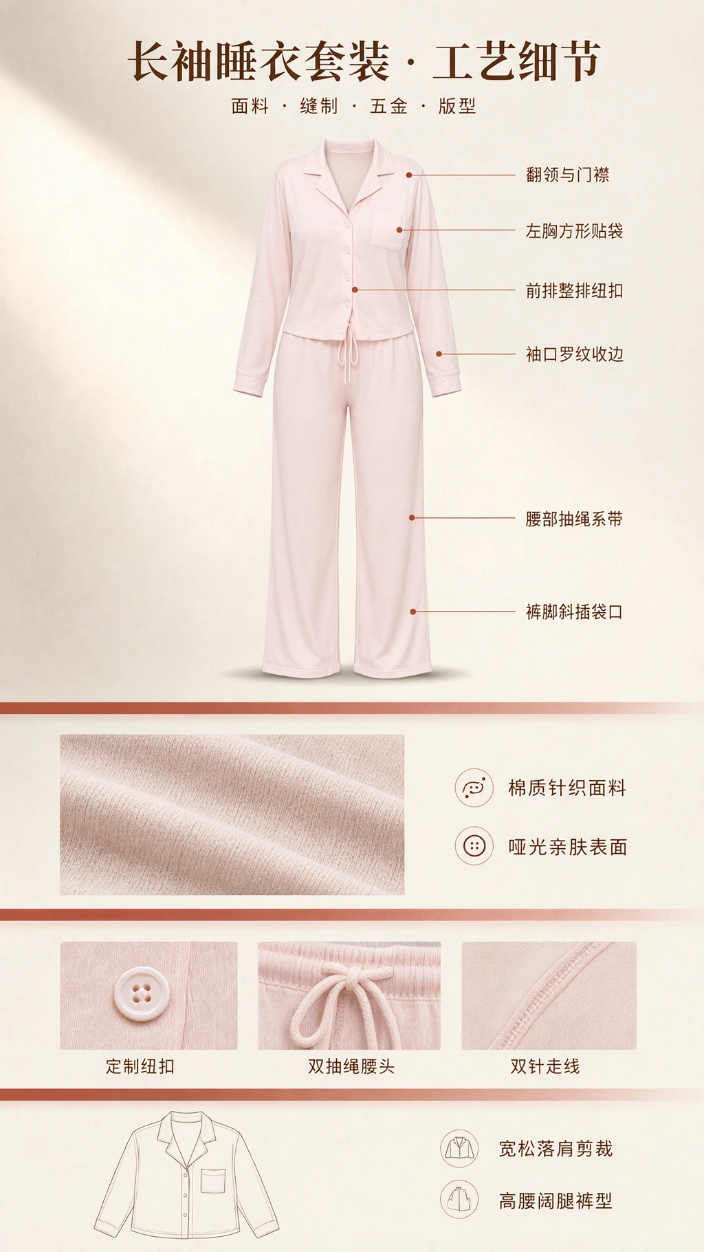 Technical illustration and craftsmanship details of the long-sleeve pajama set