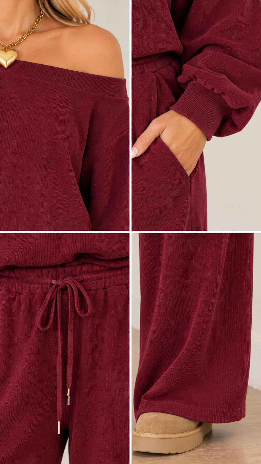 Close-up details of burgundy top neckline, sleeve cuff, drawstring waistband, and hemline