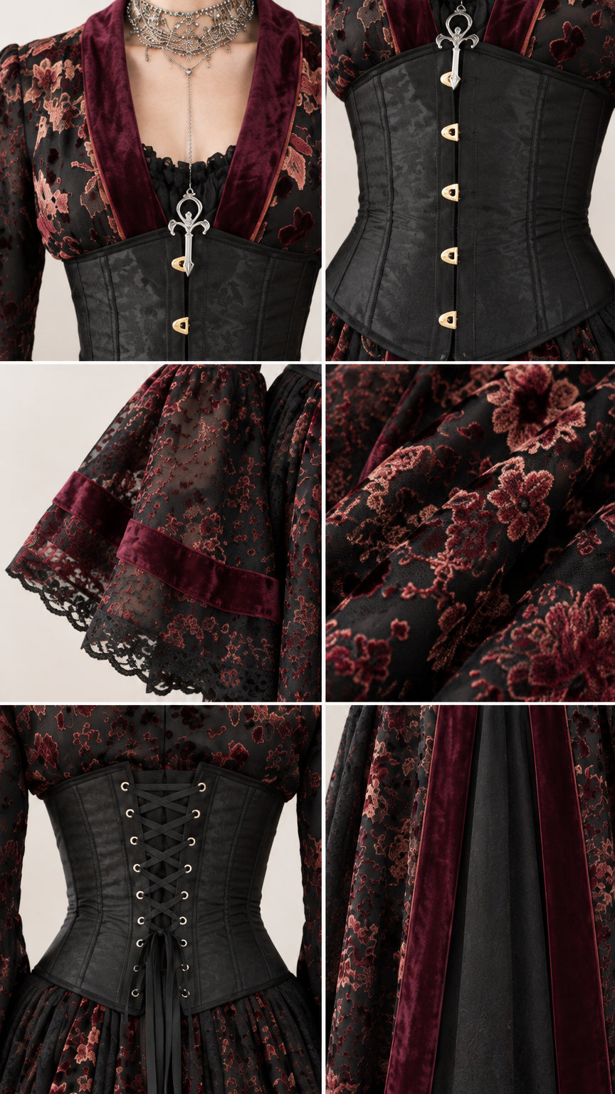 Close-up details of V-neckline brooch, front corset clasps, lace bell cuffs, and floral brocade fabric