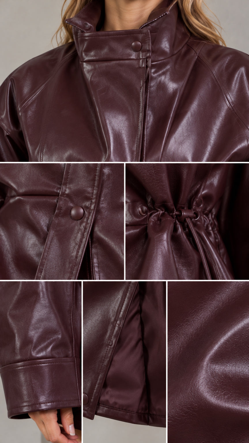 Close-up details of burgundy faux leather jacket showing collar snap, drawstring cinch, cuff band, and interior lining