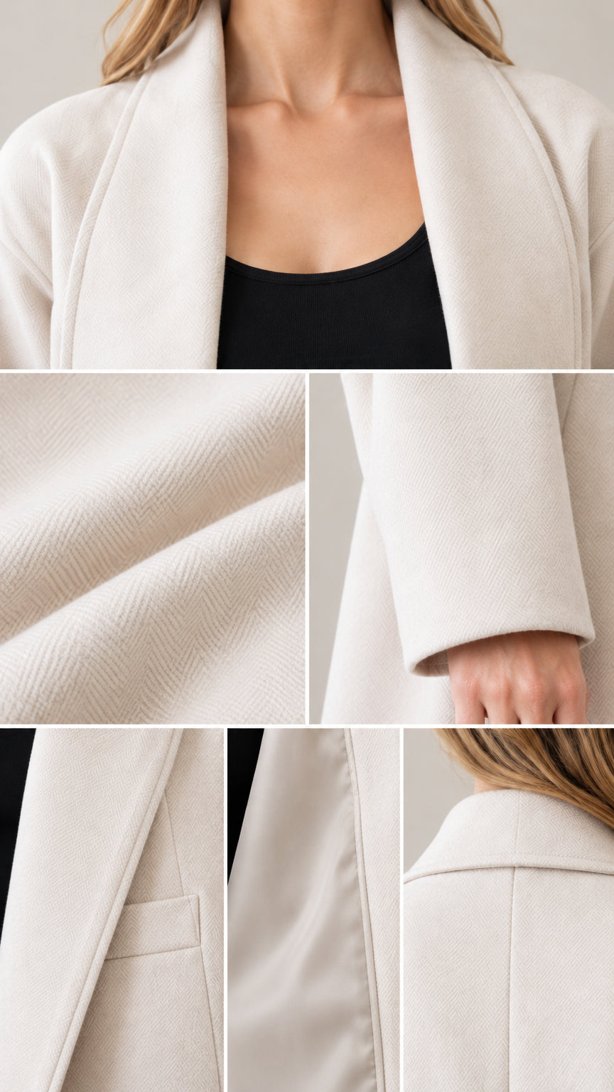 Close-up detail shots showing collar, woven fabric texture, cuffs, and lined pocket construction