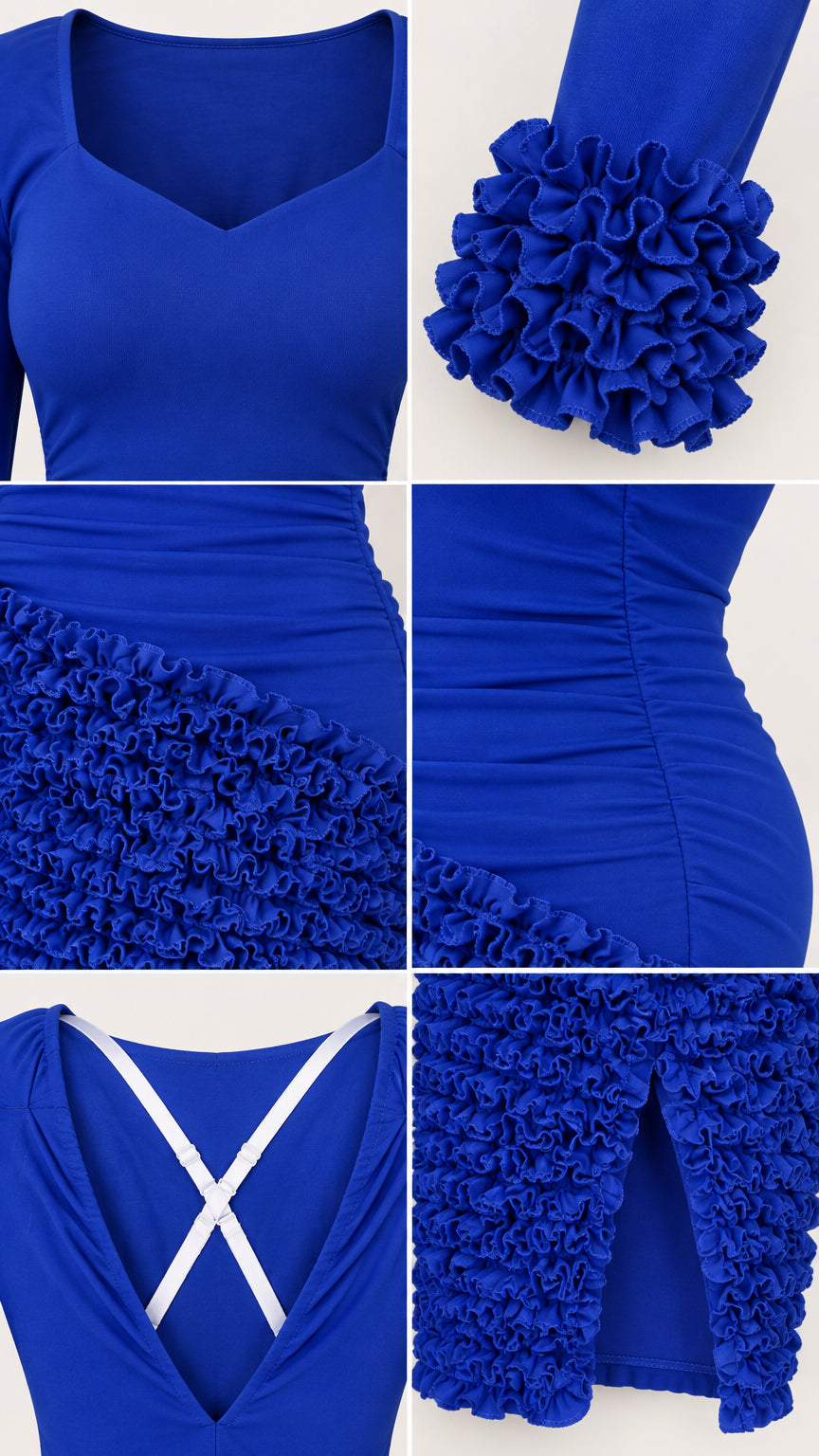 Close-up details of Royal Blue dress neckline, ruffle cuffs, textured skirt, ruched side, and back strap cutout