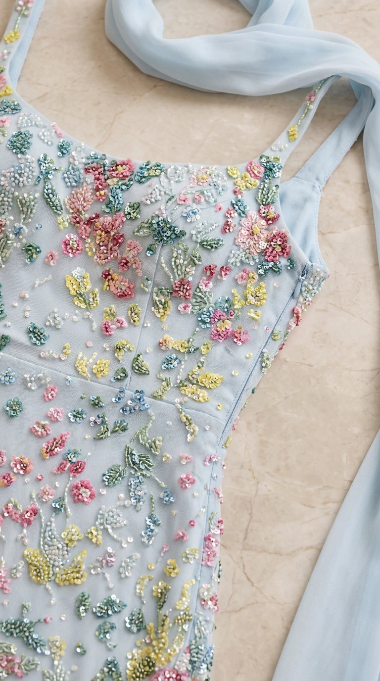 Close-up detail shot of intricate colorful floral beadwork and embroidery on light blue fabric