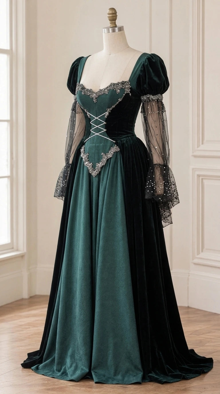 Mannequin display of emerald green Renaissance evening gown with lace accents