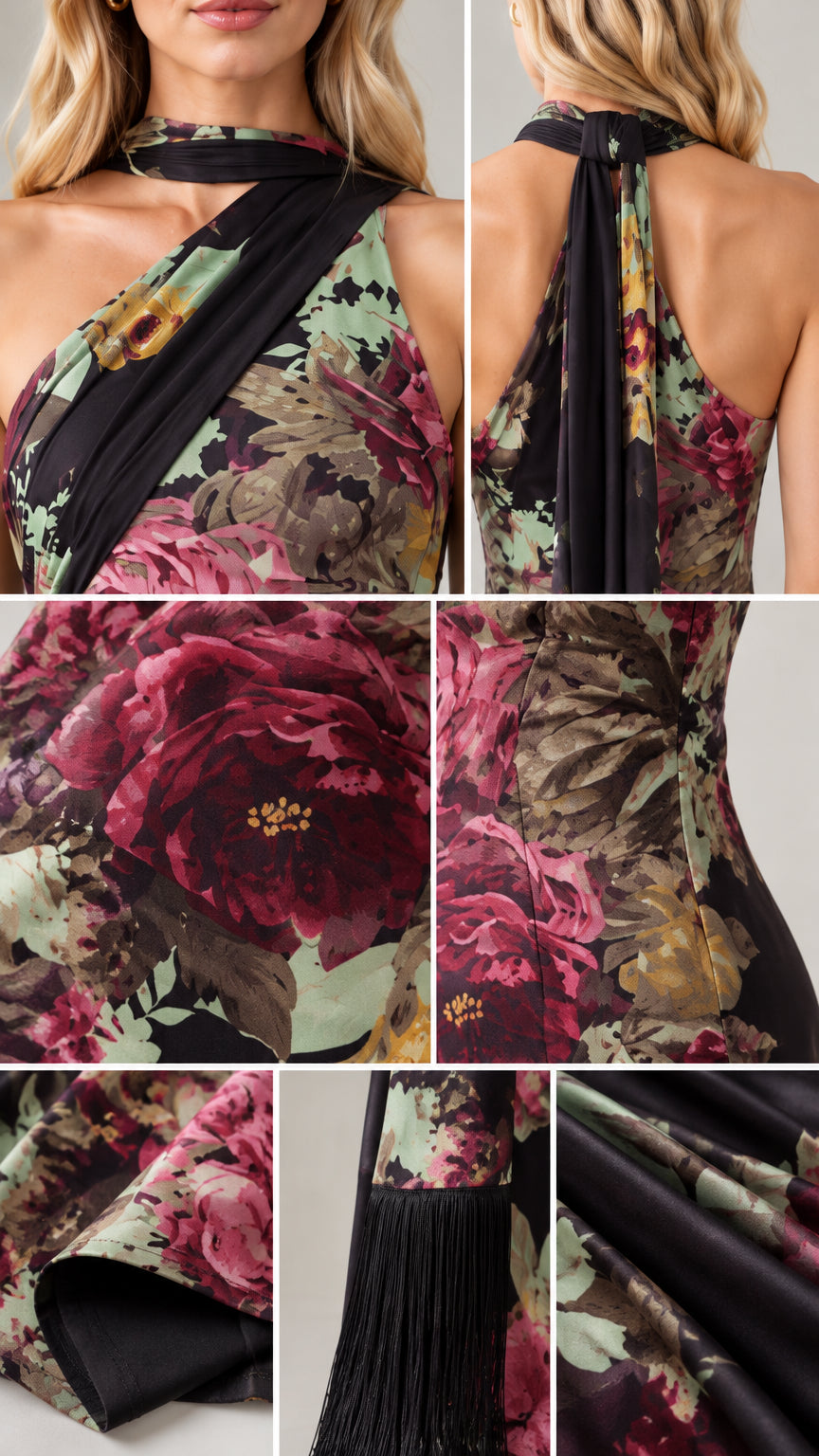 Close-up details of neckline drape, floral print fabric, and fringed sash hem