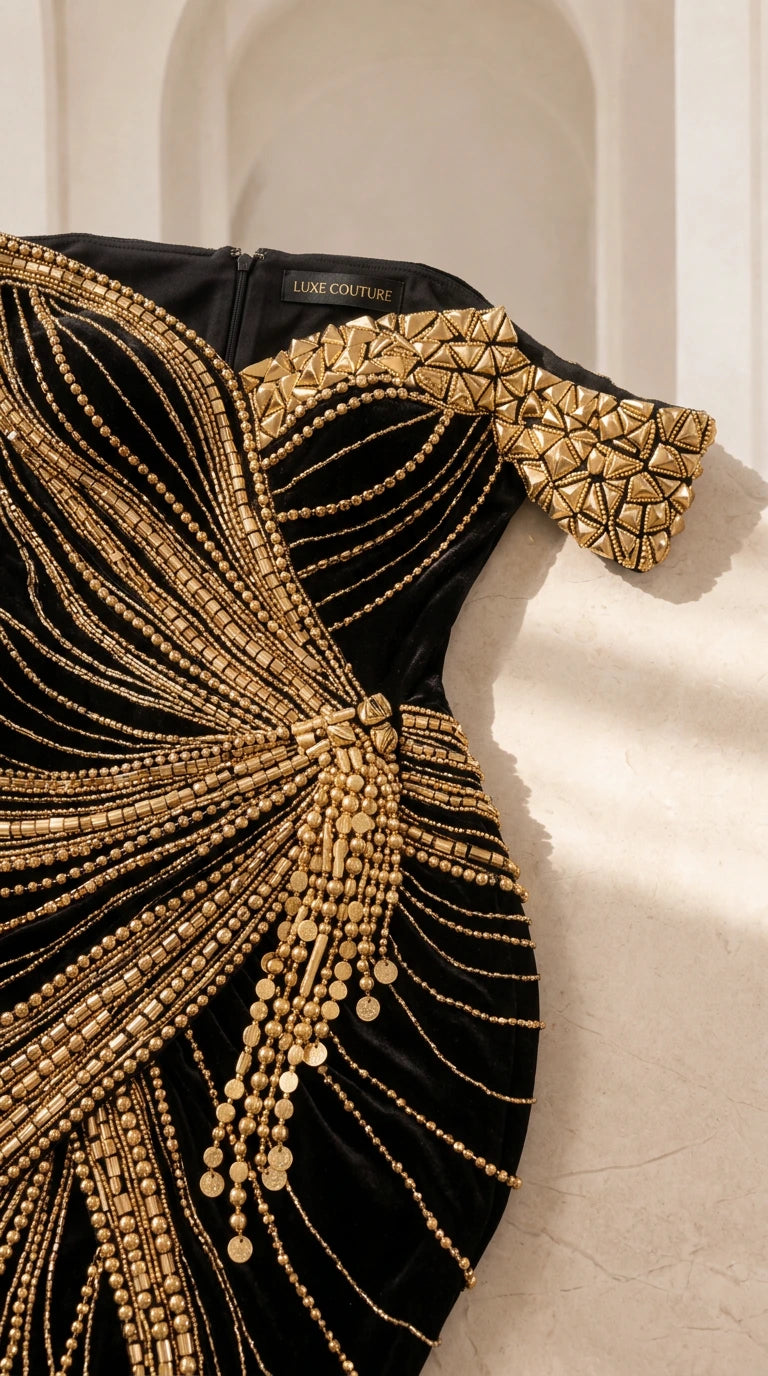 Close-up detail of sweetheart neckline and gold geometric beaded embellishments on black gown