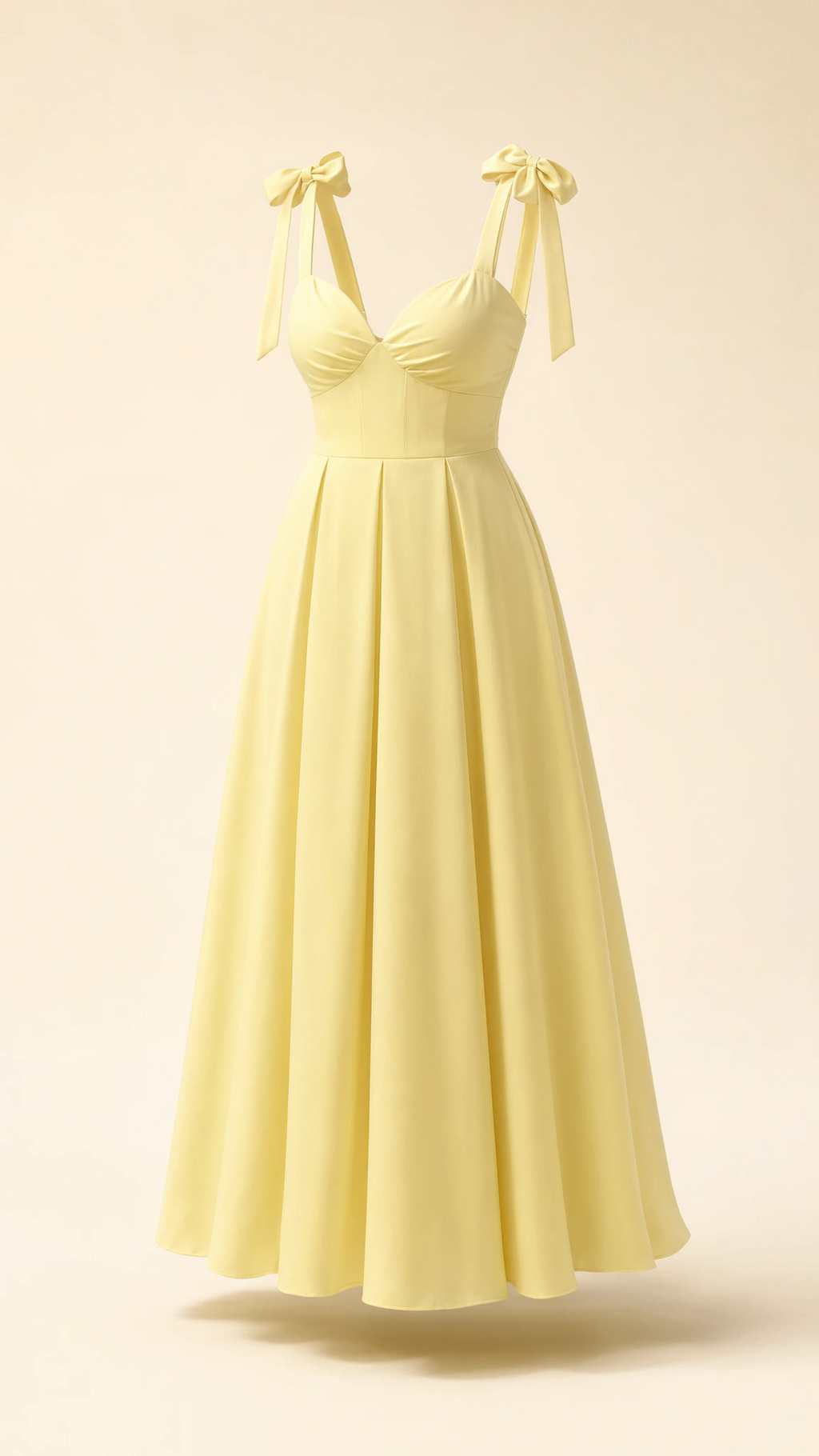 Front product display of yellow tie-shoulder sweetheart maxi dress on light background