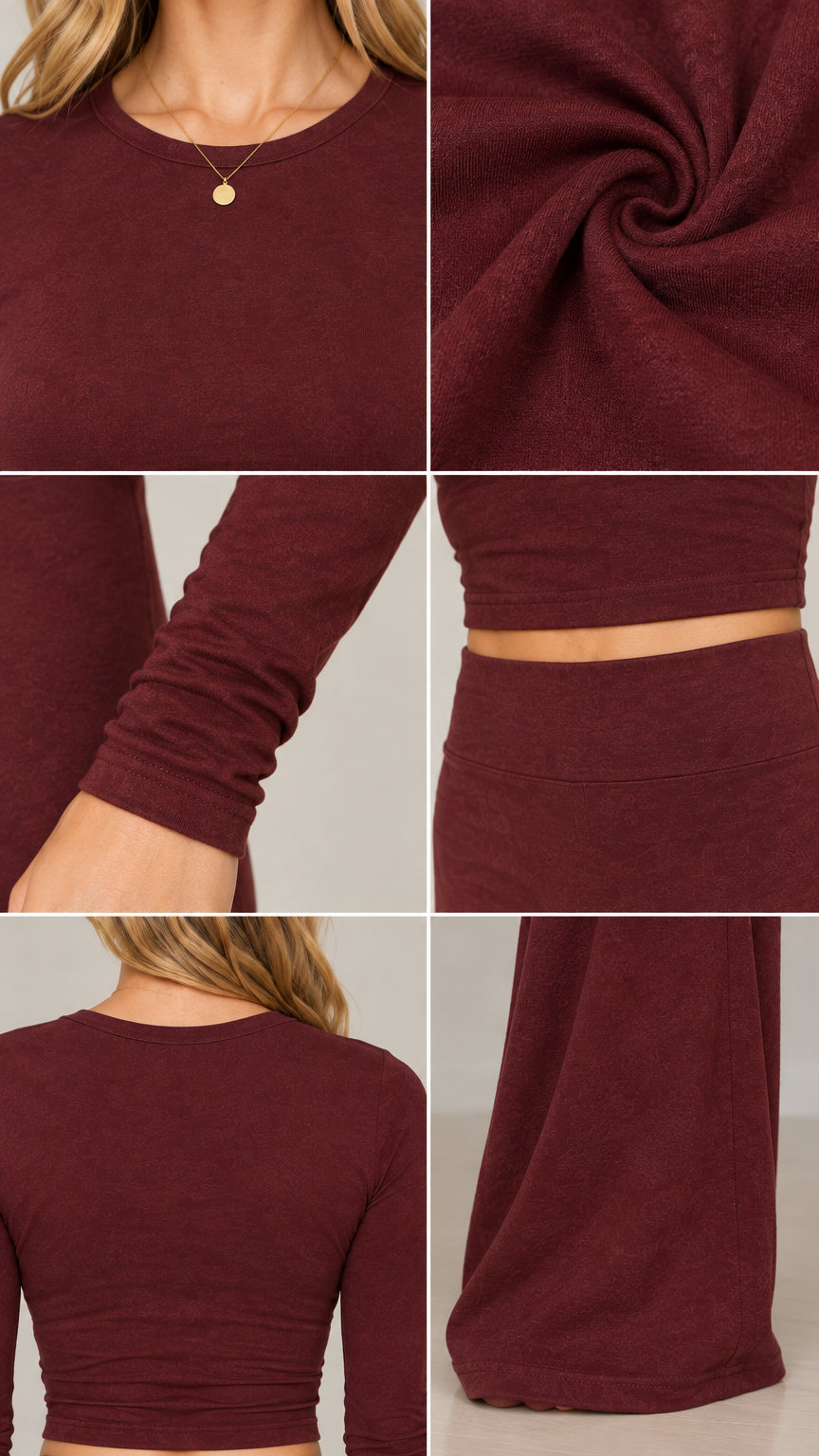 Close-up details of burgundy knit neckline, fabric texture, sleeve cuff, and waistband