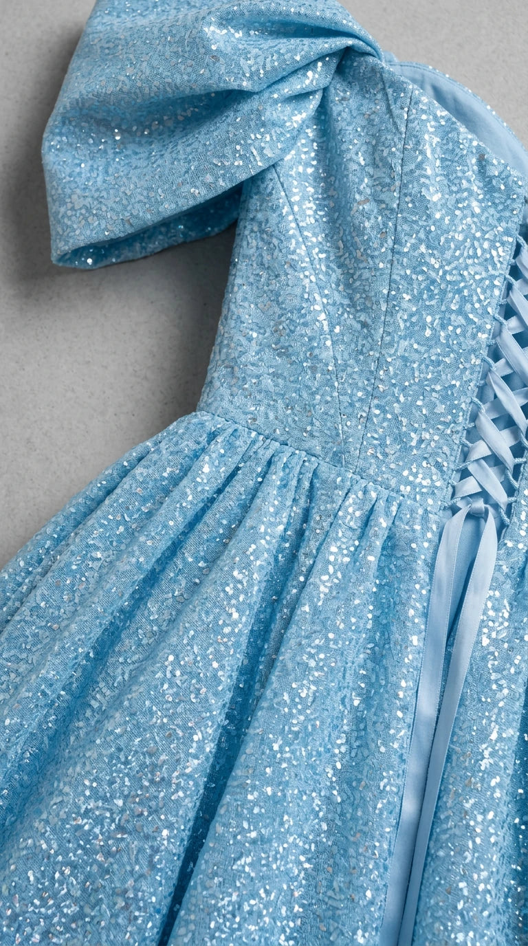 Close-up detail of light blue shimmer fabric bodice, draped sleeve, and lace-up back