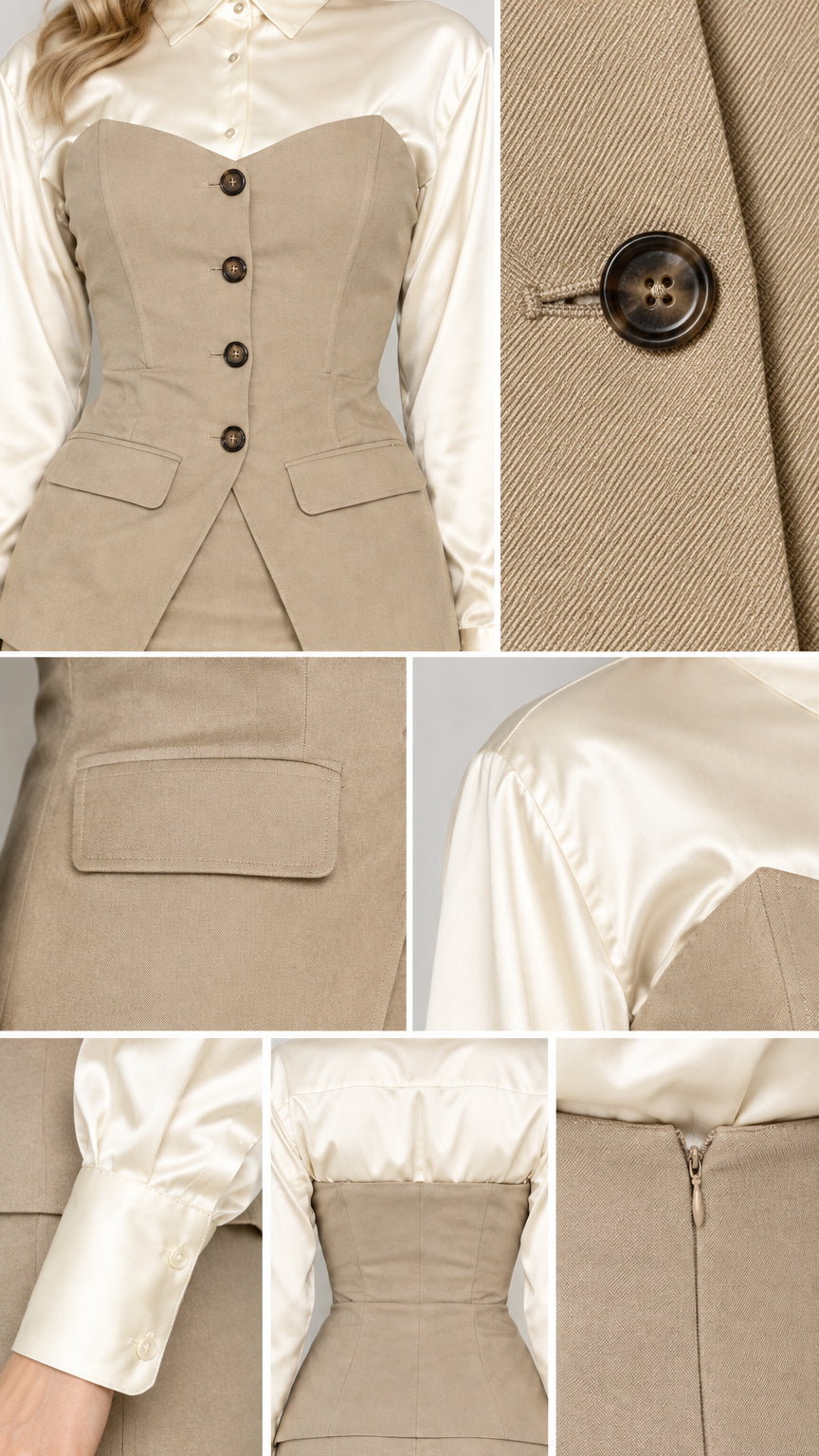 Close-up details of buttons, satin collar, flap accents, and concealed zipper on beige set