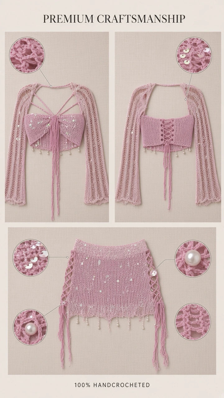 Detailed flat lay of pink knit shrug, lace-up bandeau top, and skirt showing sequin and pearl bead details