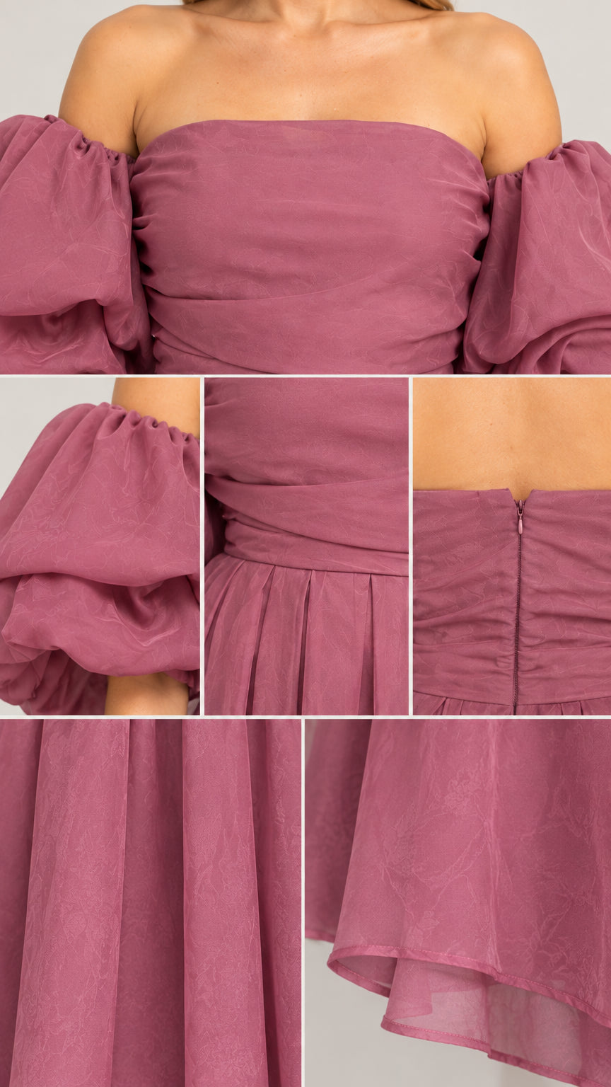 Close-up details of neckline, puff sleeves, pleats, and back zipper on mauve dress