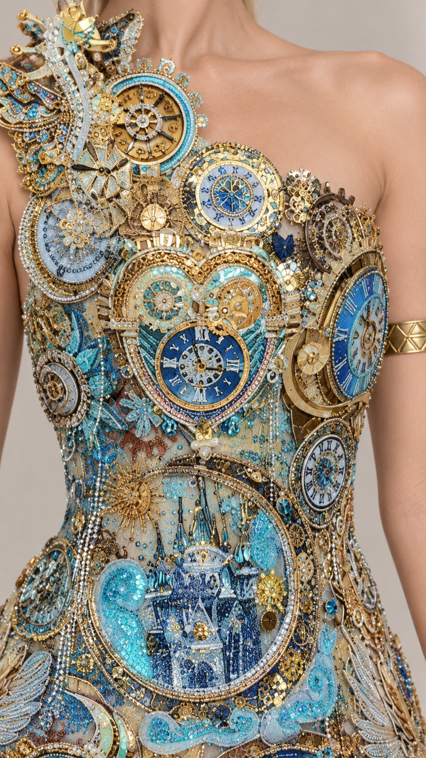 Close-up detail of ornate clockwork and fairytale castle embroidery on the sky blue one-shoulder dress
