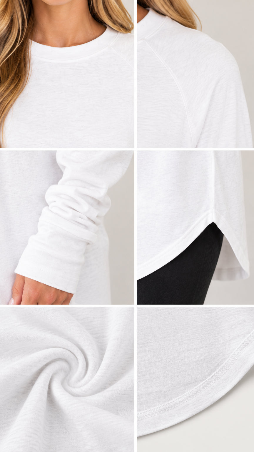 Close-up details of the white tunic top including crew neckline, sleeve cuffs, curved hem, and knit fabric