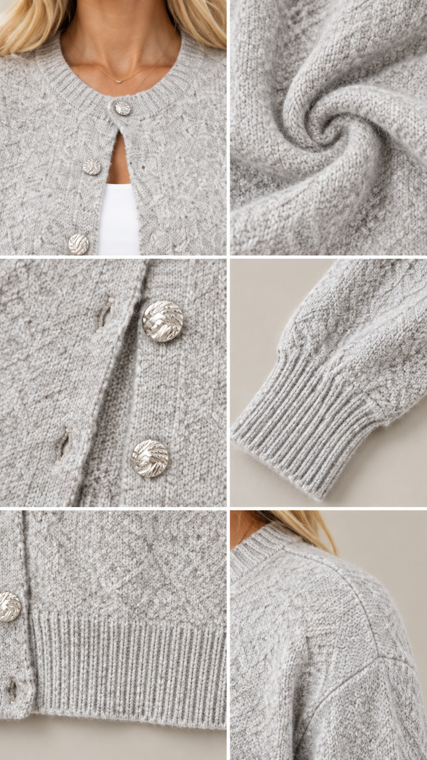 Close-up details of heather grey textured knit cardigan, metallic dome buttons, ribbed cuff, and hemline