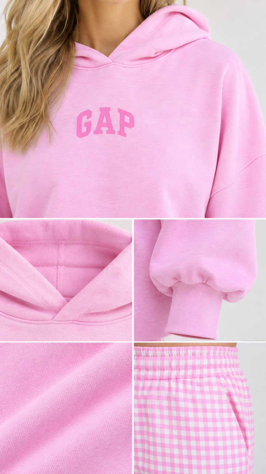Close-up details of pink hoodie fabric, hood neckline, gathered cuff, and elasticated gingham waistband