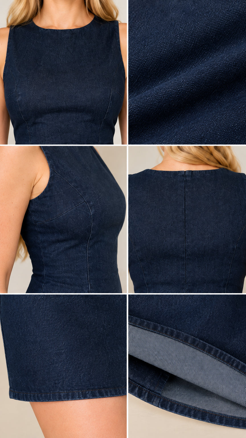 Close-up details of navy blue denim mini dress showing fabric texture, seams, and neckline