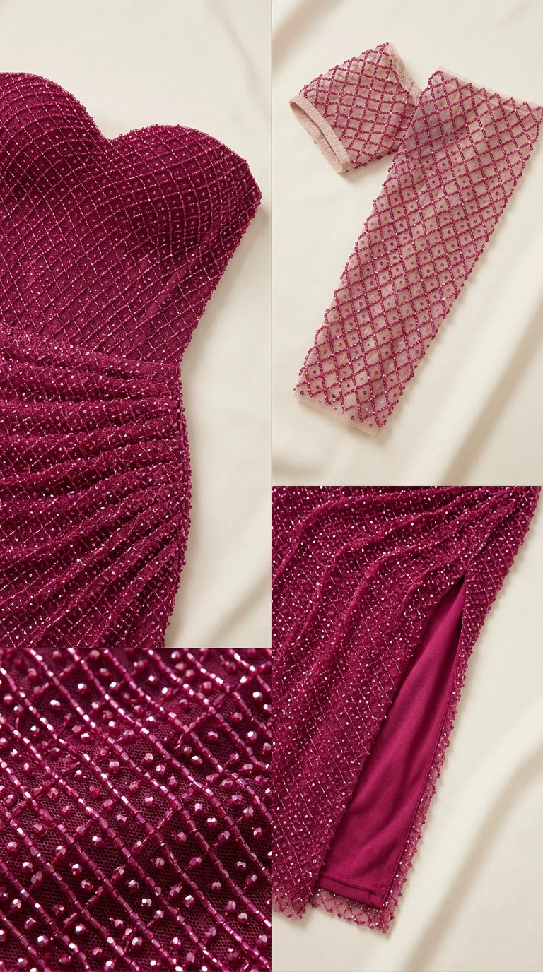 Close-up details of the magenta sweetheart bodice, glitter grid fabric, and detachable sleeve