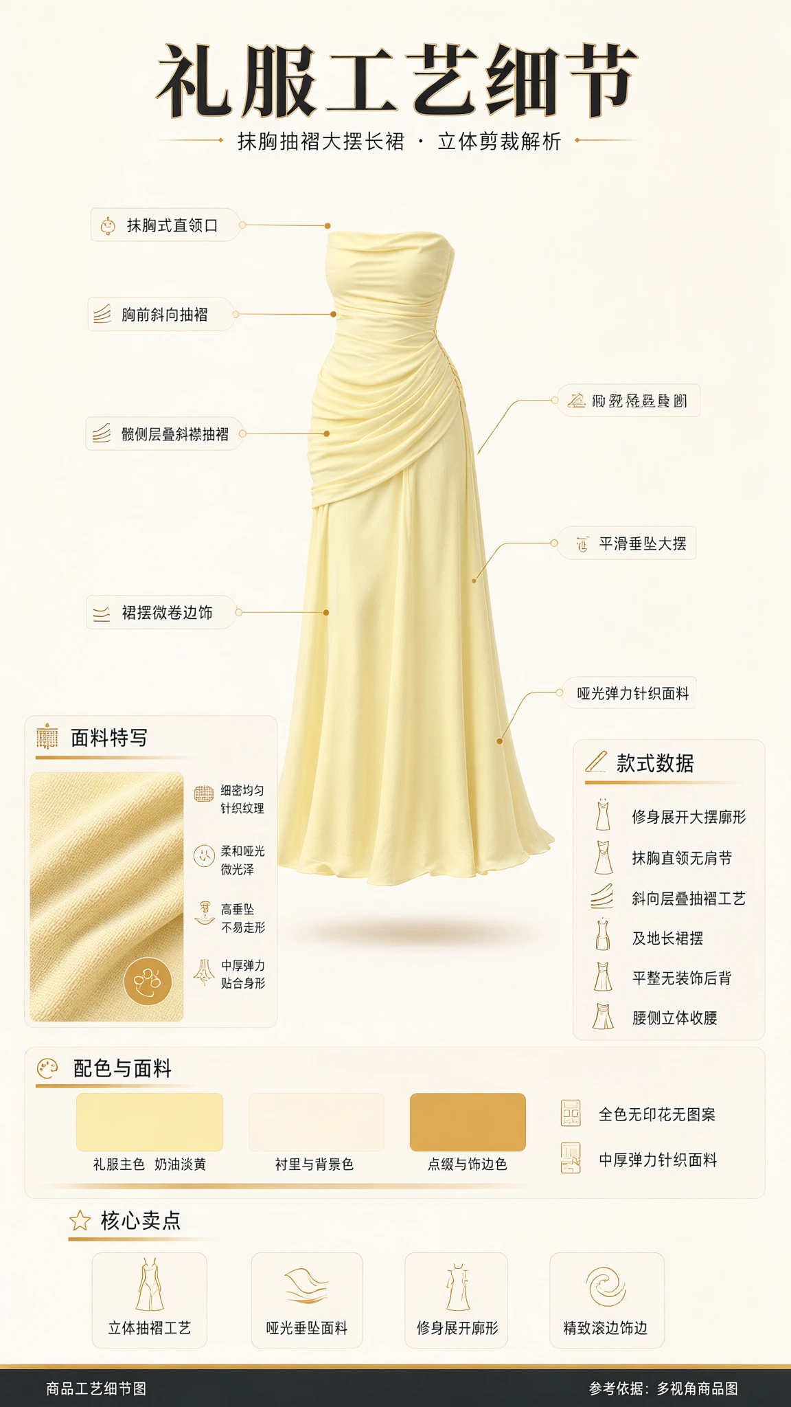 Product diagram illustrating strapless ruched maxi dress construction details