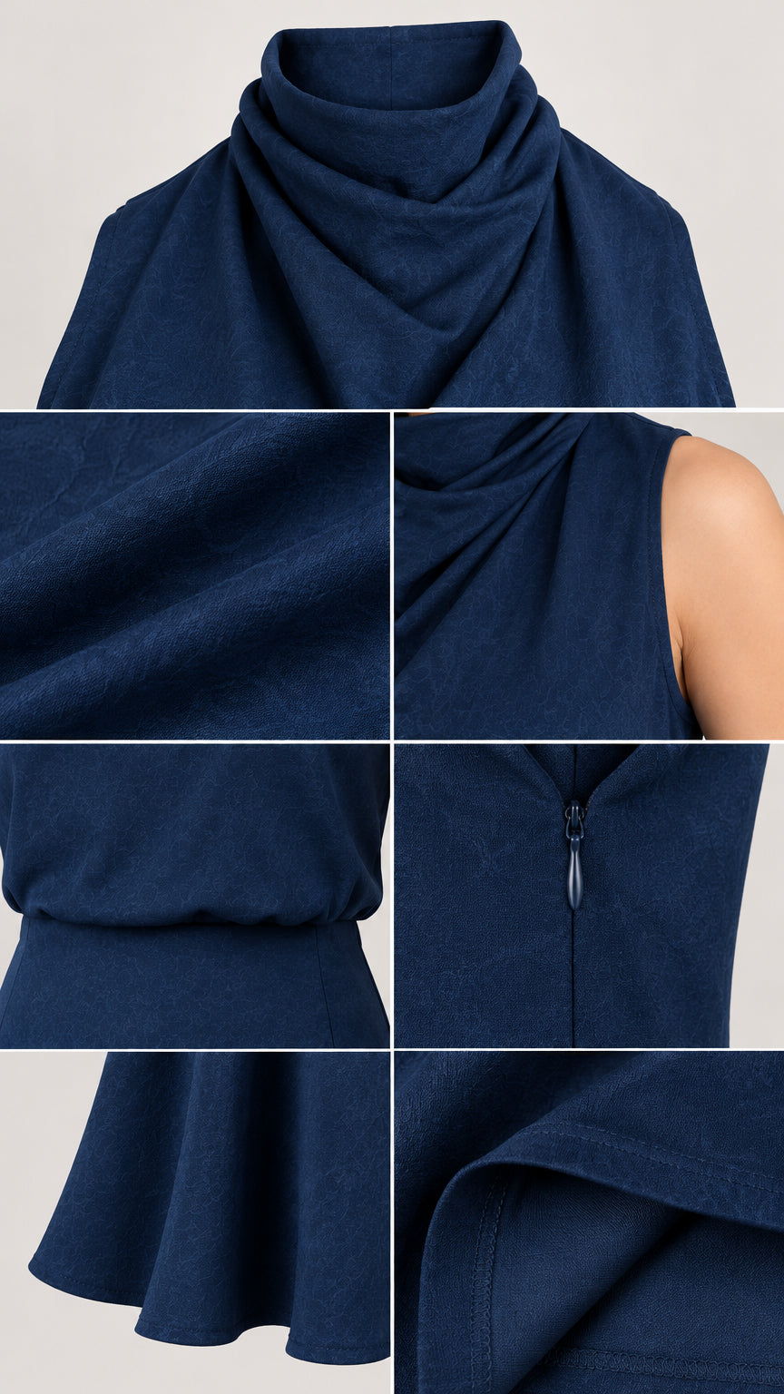 Close-up collage of neckline drape, fabric texture, waist seam, concealed zipper, and hem detail