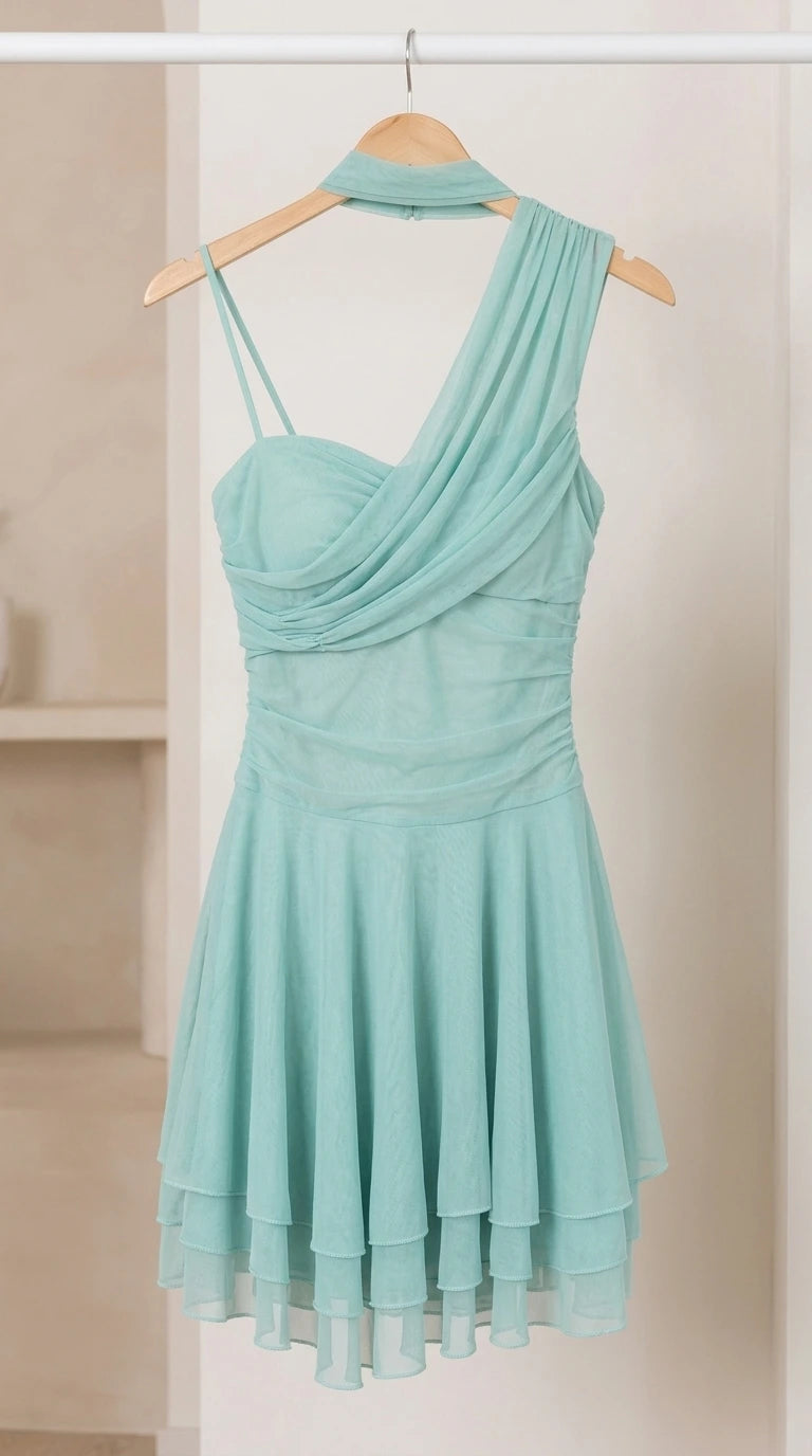 Hanger view of sage green asymmetrical draped mini dress displaying choker collar and tiered skirt