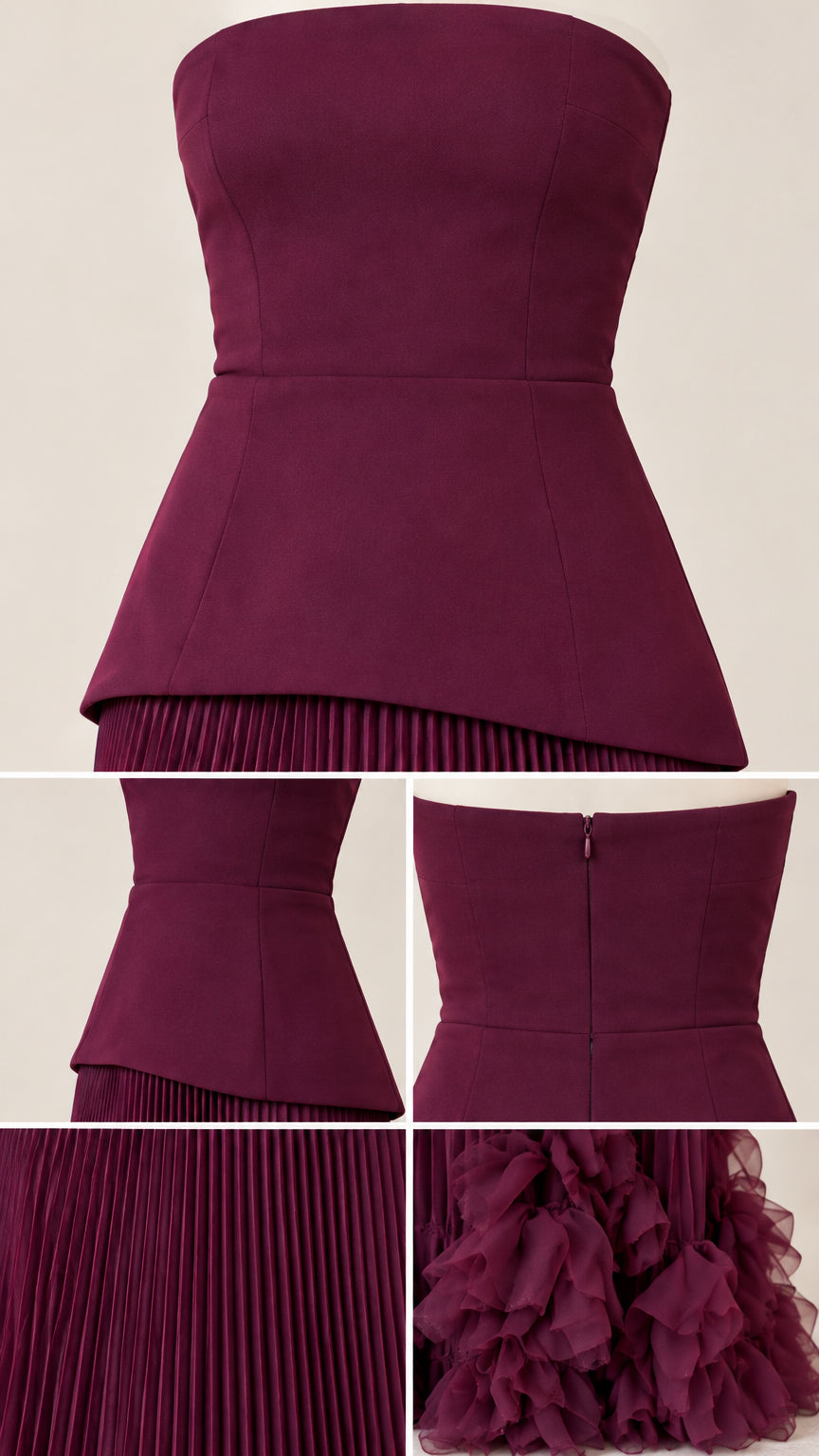 Close-up details of burgundy strapless bodice, peplum waist, accordion pleating, and ruffled hem