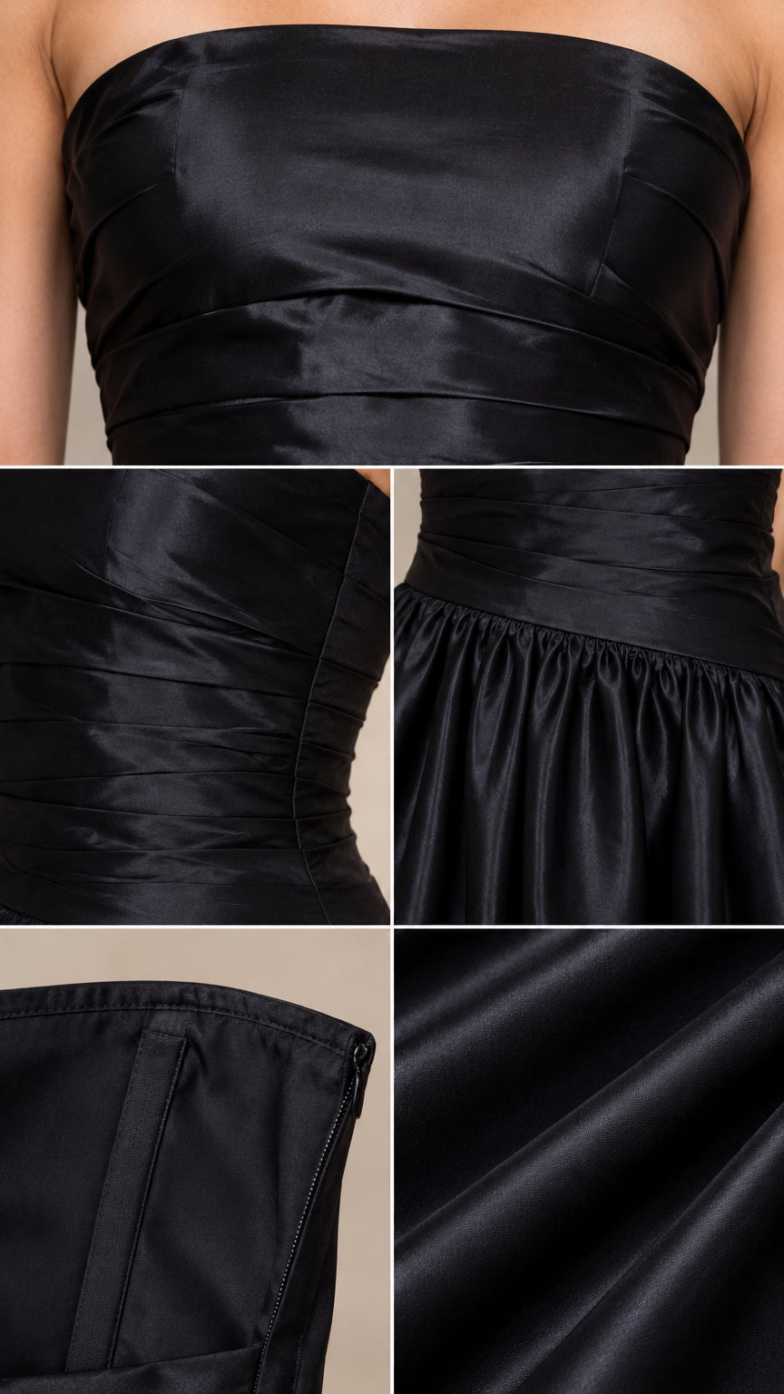 Close-up detail shots of horizontal pleating, gathered waist seam, internal boning, and smooth satin texture