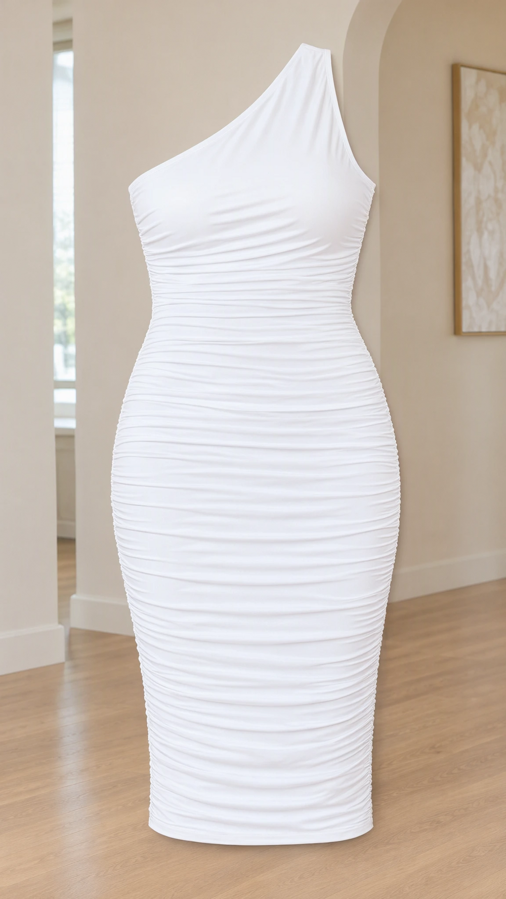 Front product display of white one-shoulder ruched midi dress