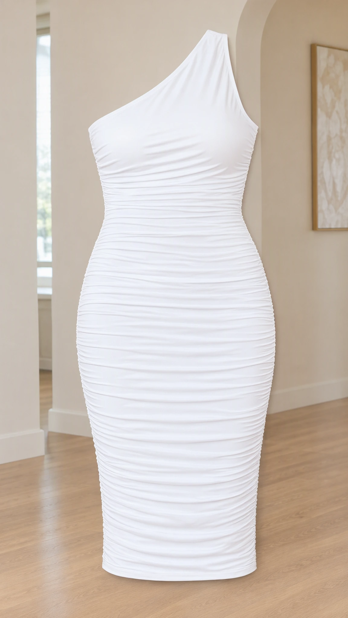 Front product display of white one-shoulder ruched midi dress