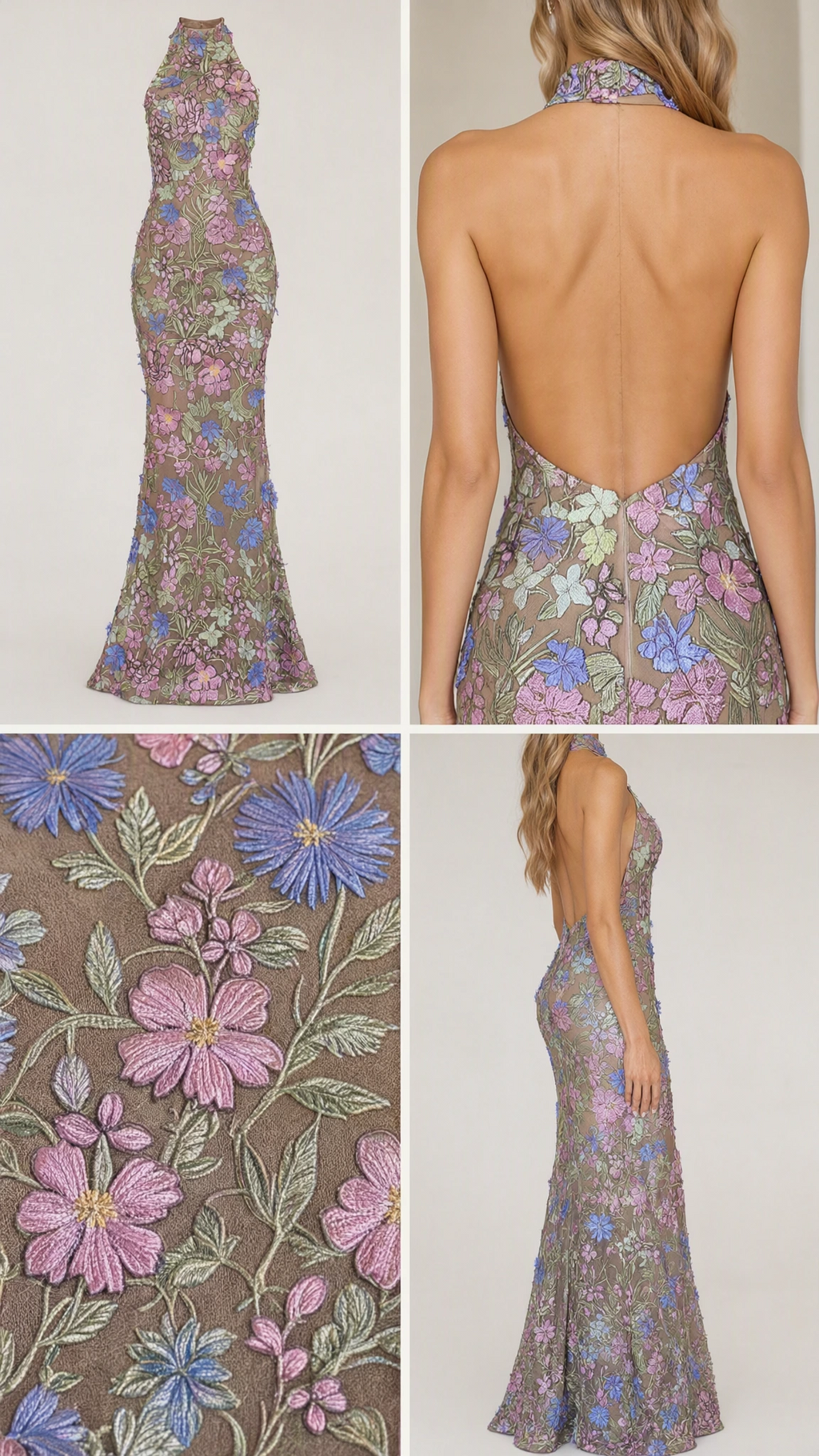 Collage showing dress layout, open back detail, and close-up floral embroidery