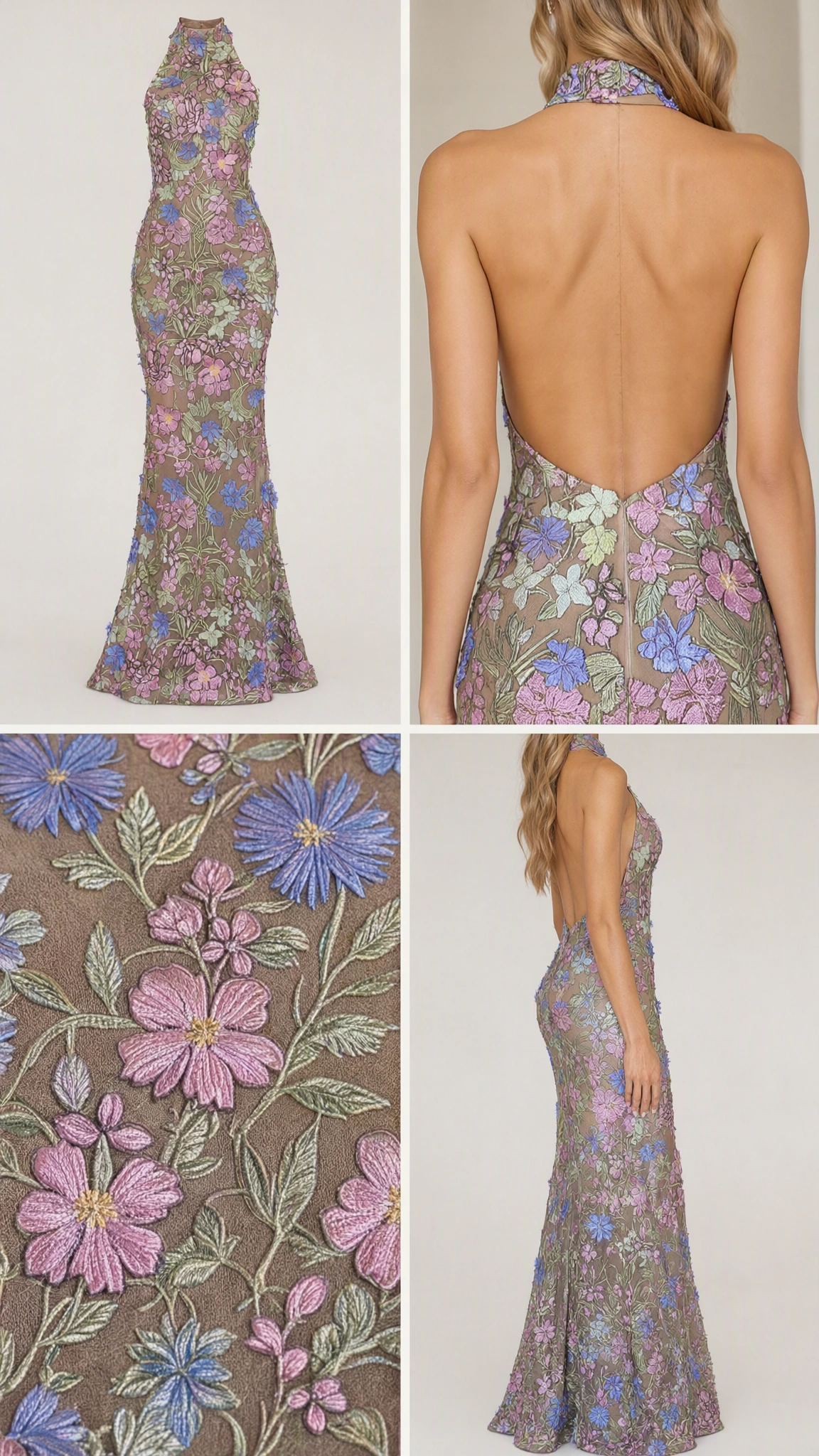 Collage showing dress layout, open back detail, and close-up floral embroidery