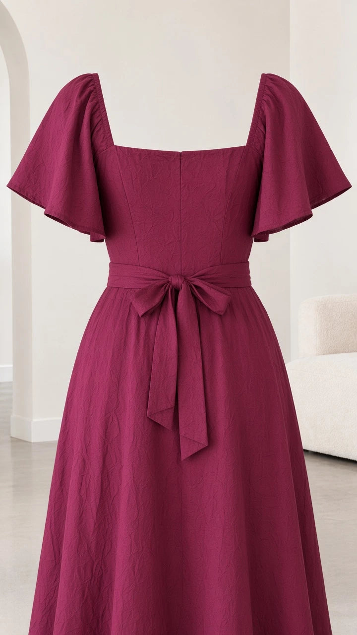 Close-up back view of magenta dress highlighting flutter sleeves, square neckline, and bow tie waist