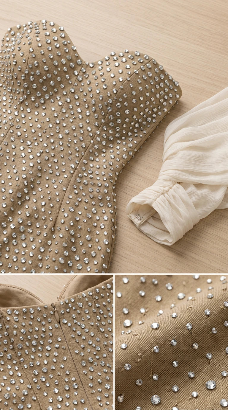 Close-up detail of sweetheart neckline, rhinestone embellishments, back zip, and draped sleeve cuffs