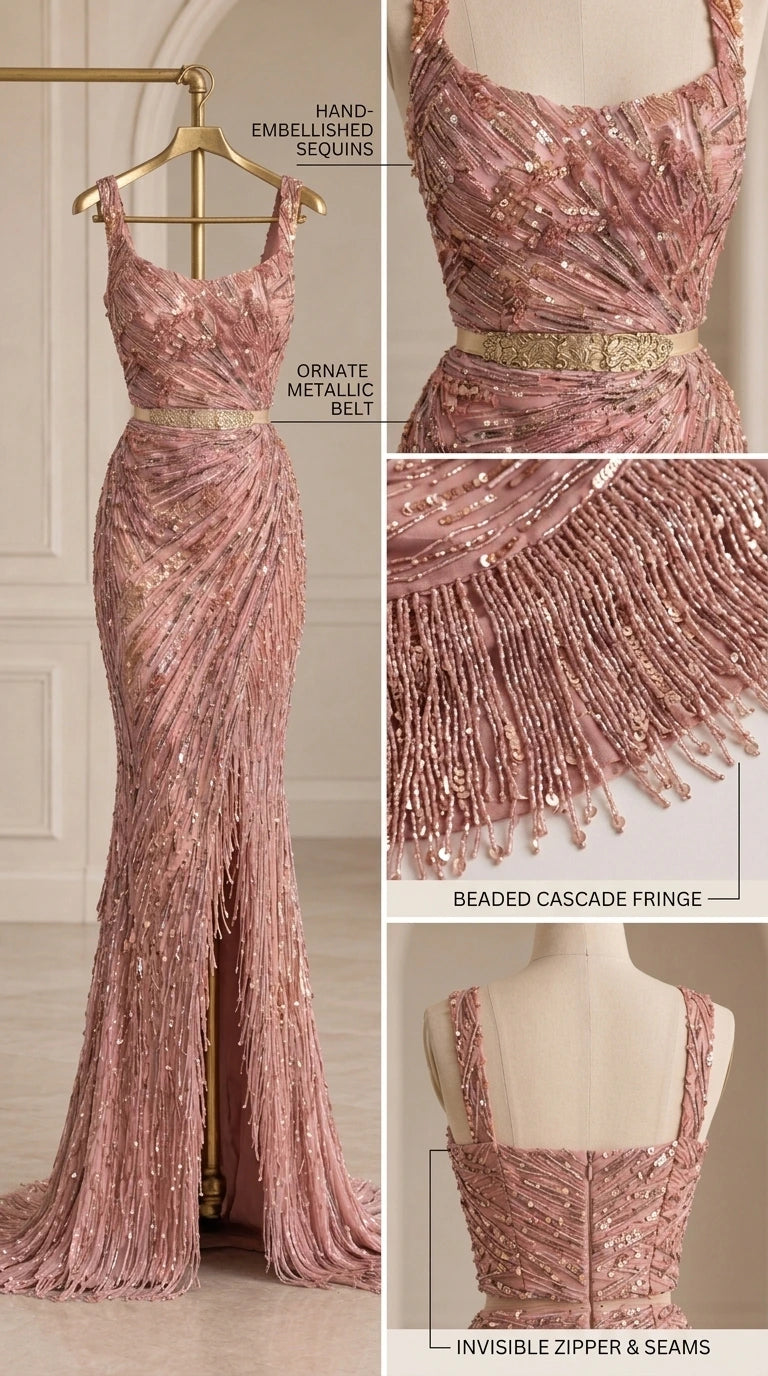 Detailed close-up collage of sequin embroidery, beaded cascade fringe, and ornate belt