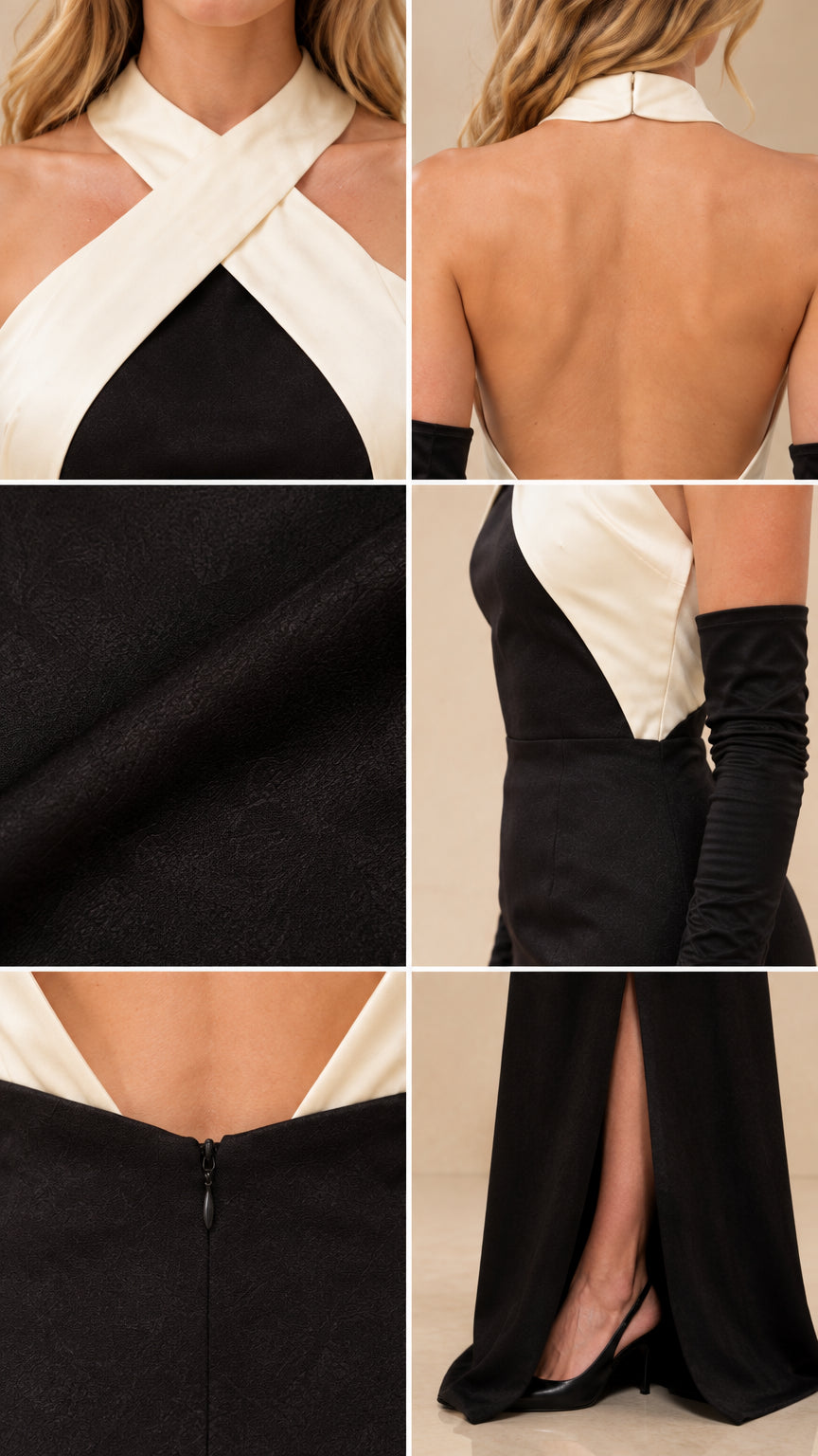 Close-up details of the halter neckline, open back, textured fabric, zipper, and rear slit