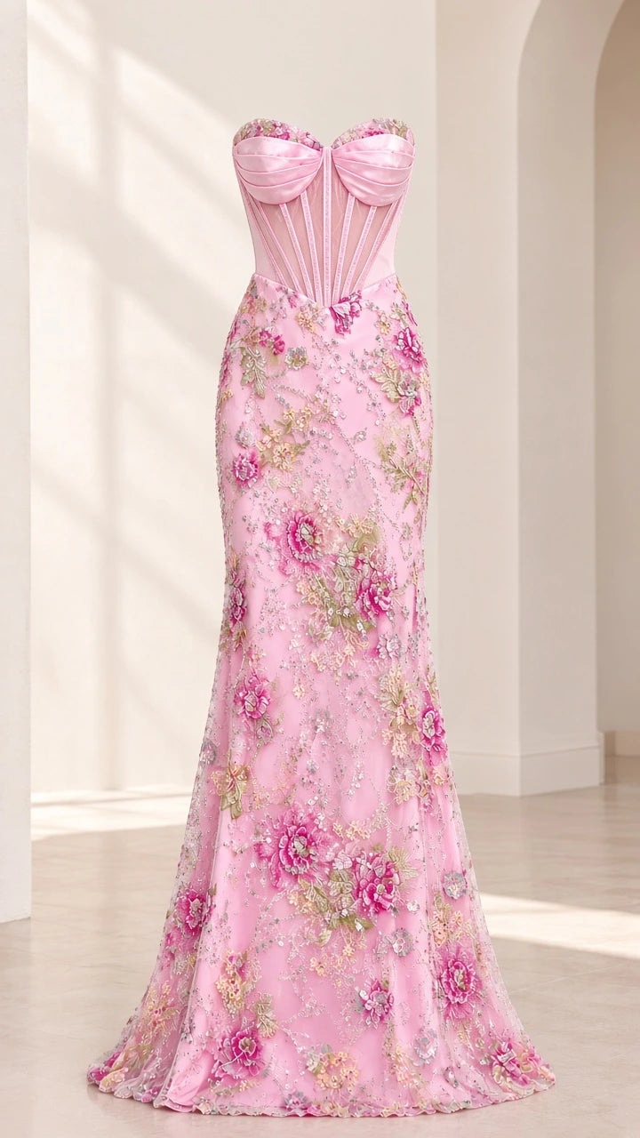 Studio view of pink strapless corset floral embellished maxi dress