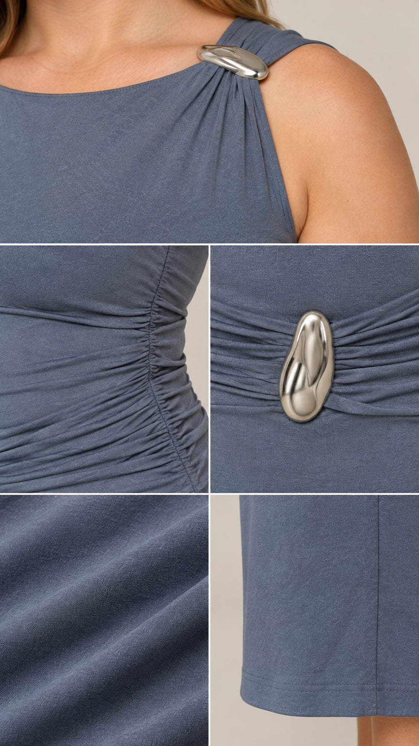 Close-up details of metallic shoulder clasp, gathered waist accent, fabric texture, and finished hem